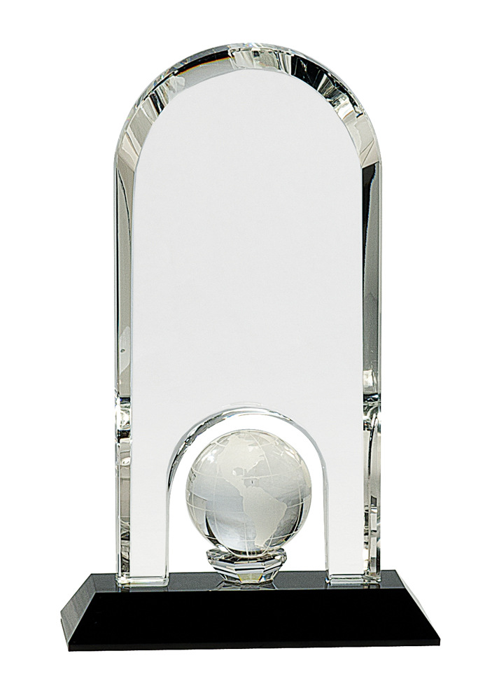 Clear Crystal Dome with Inset Globe on Black Pedestal Base